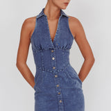 South Beach Faux Button Collared Dress Dark Denim