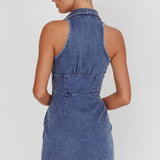 South Beach Faux Button Collared Dress Dark Denim