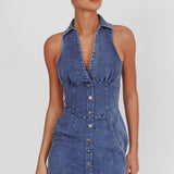 South Beach Faux Button Collared Dress Dark Denim
