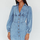 South Beach Long Sleeve Collared Mini Dress Denim