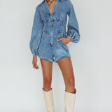 South Beach Long Sleeve Collared Romper Denim