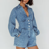 South Beach Long Sleeve Collared Romper Denim