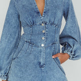 South Beach Long Sleeve Collared Romper Denim