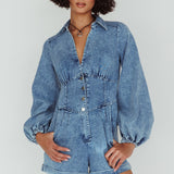 South Beach Long Sleeve Collared Romper Denim