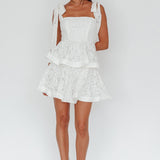Neriah Tied Shoulder Tiered Lace Mini Dress White