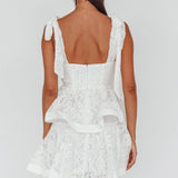 Neriah Tied Shoulder Tiered Lace Mini Dress White