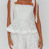 Neriah Tied Shoulder Tiered Lace Mini Dress White