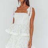 Neriah Tied Shoulder Tiered Lace Mini Dress White