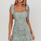 Neriah Tied Shoulder Lace Mini Dress Sage