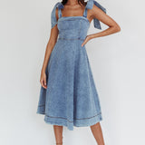 Jeanie Bow Shoulder Midi Dress Wash Denim Blue