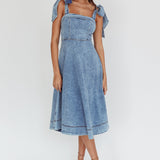 Jeanie Bow Shoulder Midi Dress Wash Denim Blue