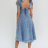 Jeanie Bow Shoulder Midi Dress Wash Denim Blue