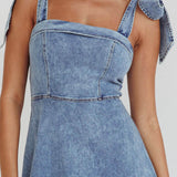 Jeanie Bow Shoulder Midi Dress Wash Denim Blue