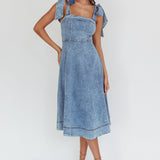 Jeanie Bow Shoulder Midi Dress Wash Denim Blue