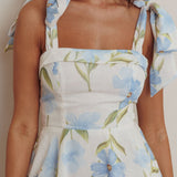 Jeanie Tied Shoulder Mini Dress Flower Blue