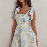 Jeanie Tied Shoulder Mini Dress Flower Blue