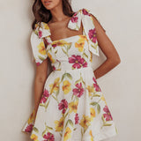 Jeanie Tied Shoulder Mini Dress Flower Purple