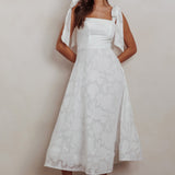 Jeanie Bow Shoulder Midi Dress Embossed White