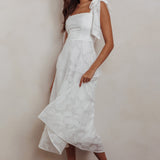 Jeanie Bow Shoulder Midi Dress Embossed White