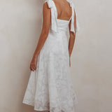 Jeanie Bow Shoulder Midi Dress Embossed White