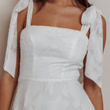 Jeanie Bow Shoulder Midi Dress Embossed White