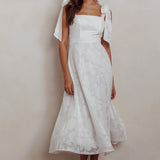Jeanie Bow Shoulder Midi Dress Embossed White