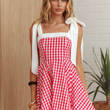 Jeanie Tied Shoulder Mini Dress Gingham Red