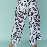 Randi Wide Leg Pants Leaf Print Black