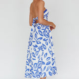 Randi Tie-Back Maxi Dress Leaf Print Blue