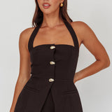 Tammi Button Front Halter Top Black