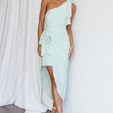 Sara Jean One-Shoulder Wrap Midi Dress Mint
