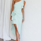 Sara Jean One-Shoulder Wrap Midi Dress Mint