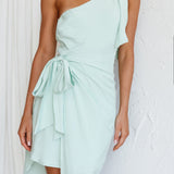 Sara Jean One-Shoulder Wrap Midi Dress Mint