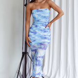Logan Strapless Ruched Midi Dress Blue