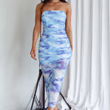 Logan Strapless Ruched Midi Dress Blue