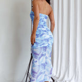 Logan Strapless Ruched Midi Dress Blue