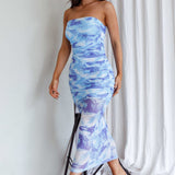 Logan Strapless Ruched Midi Dress Blue