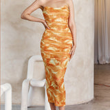 Logan Strapless Ruched Midi Dress Orange