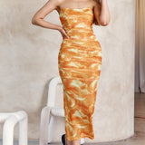 Logan Strapless Ruched Midi Dress Orange