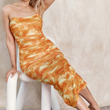 Logan Strapless Ruched Midi Dress Orange