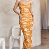 Logan Strapless Ruched Midi Dress Orange