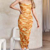 Logan Strapless Ruched Midi Dress Orange