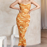 Logan Strapless Ruched Midi Dress Orange