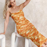Logan Strapless Ruched Midi Dress Orange