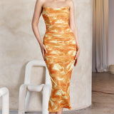 Logan Strapless Ruched Midi Dress Orange