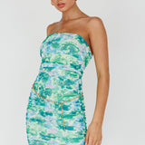 Logan Strapless Ruched Dress Floral Green