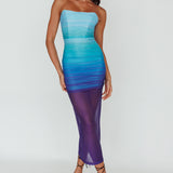 Logan Strapless Ruched Midi Dress Gradient Blue