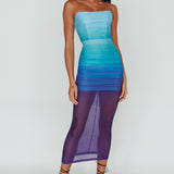 Logan Strapless Ruched Midi Dress Gradient Blue