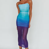 Logan Strapless Ruched Midi Dress Gradient Blue