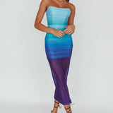 Logan Strapless Ruched Midi Dress Gradient Blue